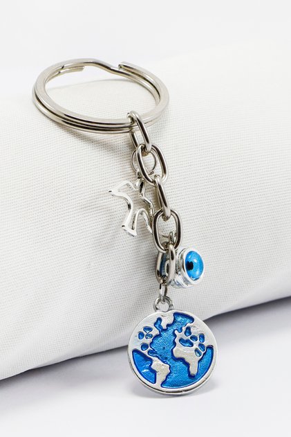 Enameled World Keychain with Evil Eye Beaded Bird Figure, Gift Keychain