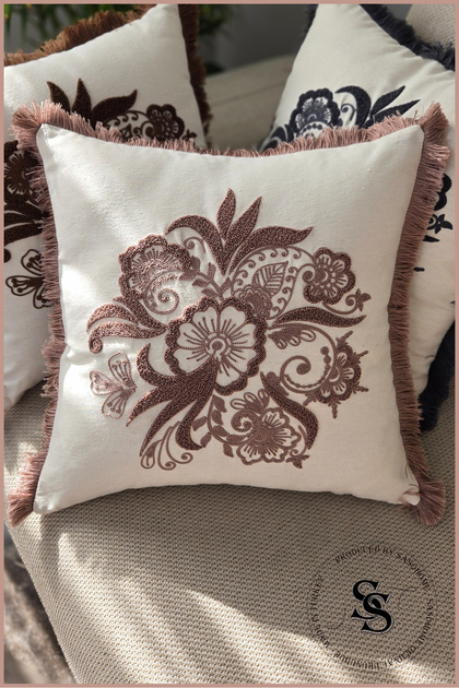 Beauty Flowers Punch Embroidered Patterned Linen Cushion Cover