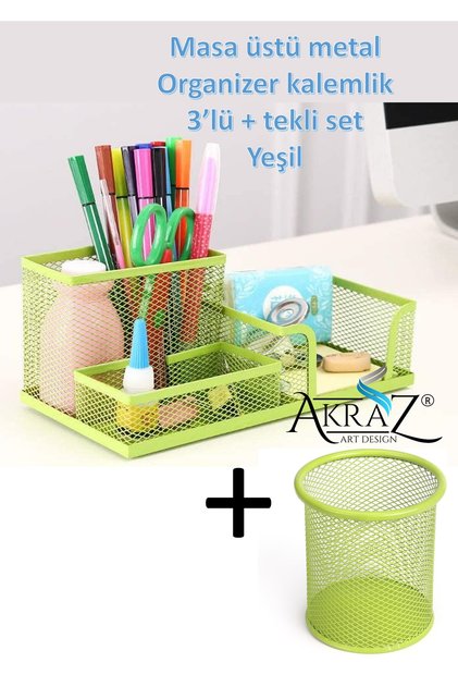 MASA ÜSTÜ METAL KALEMLİK SETİ 3'LÜ YEŞİL + TEKLİ KALEMLİK (SET)