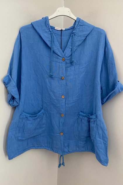 Women's Italian Light Blue Hooded Button Closure with Pocket Pockets 3/4 Sleeve Linen Cardigan Jacket Sweatshirt