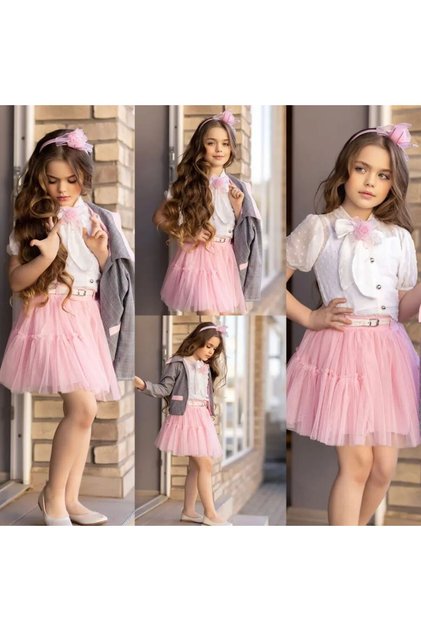 Girls' 7-Piece Outfit Set (Jacket, Skirt, Shirt, Bodysuit, Hair Clip, Brooch, Belt) – Age 3–7