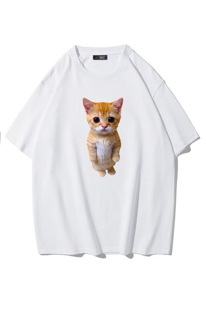 Tricou unisex oversize cu pisică drăguță alb