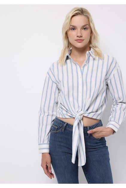Regular Fit Shirt Neck Striped Women's Blue Long Sleeve Shirt
