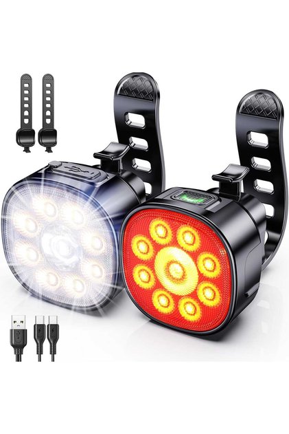 Set lumini pentru bicicletă față/spate, ultra-luminoase, USB, 8/7 moduri, IP65, negru