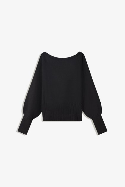Women's Asymmetrical Boat Neck Trendy Rib Cut Popular Black Knitwear Sweater