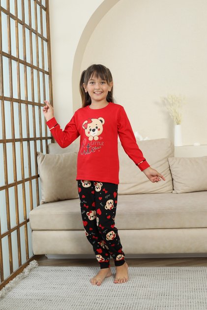 Little Cute Teddy Bear Patterned Girl's Pajama Set - Red
