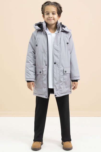 Gray Fur Inside Snap Pocket Long Cut Boys Hooded down Jacket 21448