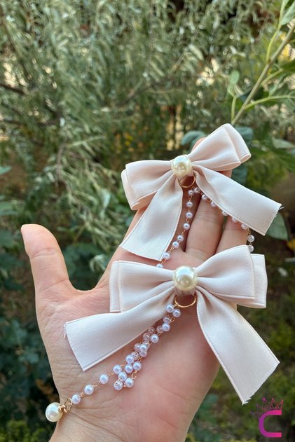 Set de 2 clemă cu clemă cu fundă cremă cu perle - Agrafă pentru păr cu panglică pentru fetiță elegantă