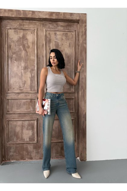 Pantaloni de denim pentru femei, drepti, cu talie înaltă, cu picioare tubulare, TINTĂ ALBASTRĂ
