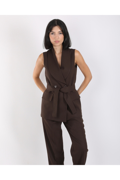 Women's Bitter Brown Shawl Collar Vest Pants Two-Piece Set