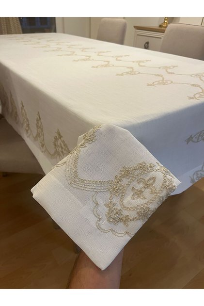 Sequin Gold Embroidery Detailed Seamless Tablecloth Off-White