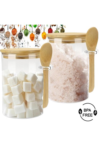 Set de 2 recipiente din sticlă Elindor®, cu bambus, 450 ml, dimensiuni 12,5x8,5cm, transparente