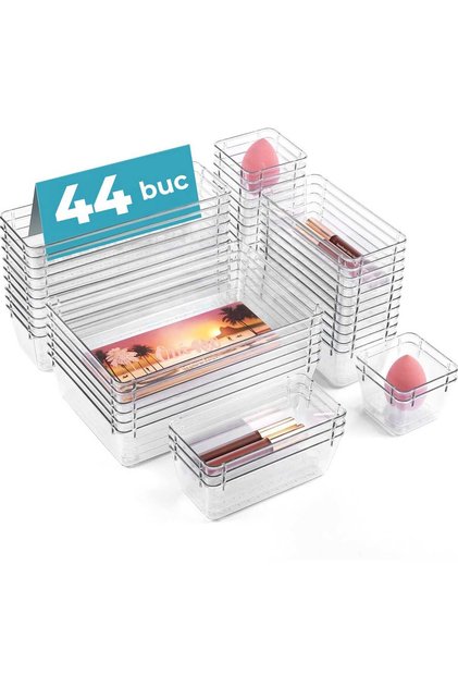 Set organizator sertare din plastic, format din 44 de piese, 4 dimensiuni diferite, pentru baie, bucătărie și dormitor