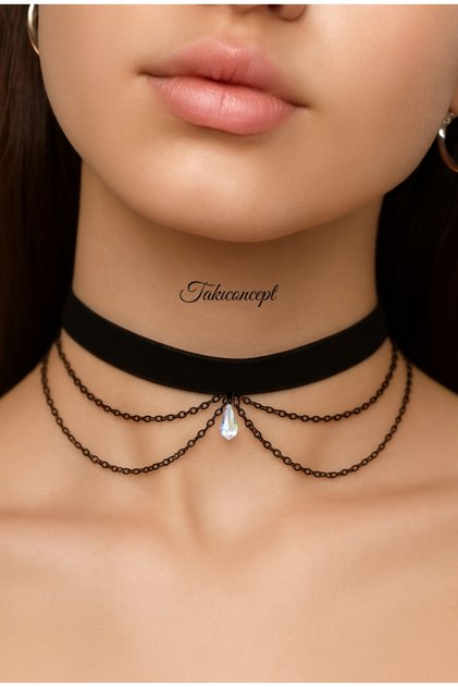 Kristal Damla Detaylı Zincirli Choker Kadın Kolye