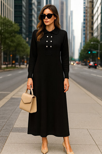 New Season Button Detail Knitwear Dress (135 Cm. Long)