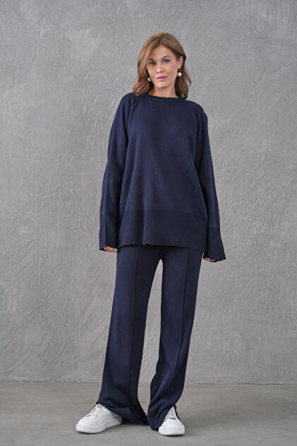 Navy Blue Flexible Knitwear Fabric Sweater and Pants Oversize Two-Piece Set with Slit Detail 1027