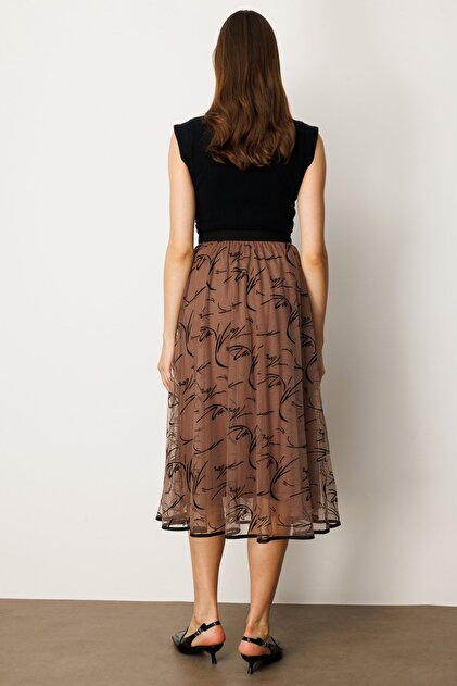 Ekol Velvet Patterned Tulle Skirt- Trendyol