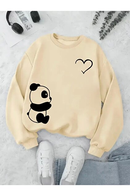 PANDA KALP BASKILI OVERSİZE UNISEX KADIN/ERKEK BİSİKLET YAKA SWEATSHİRT