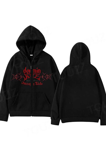 Touz Stray Kids Baskılı Oversize Fermuarlı Siyah Unisex Kapüşonlu