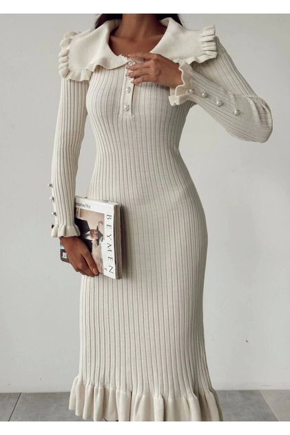 Women's Ecru Long Knit Dress with Button Sleeves and Ruffled Details
