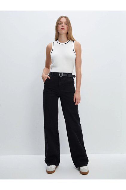 Lcw Jeans Black Wideleg Women's Jean Pants with Belt at Waist