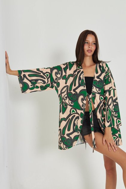 Yeşil Desenli Bej Kimono – Yazlık Salaş Plaj Pareo