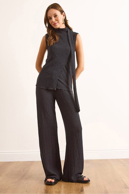 Women's Anthracite Asymmetrical Blouse Bottom Top Textured Set Tkm-19000426