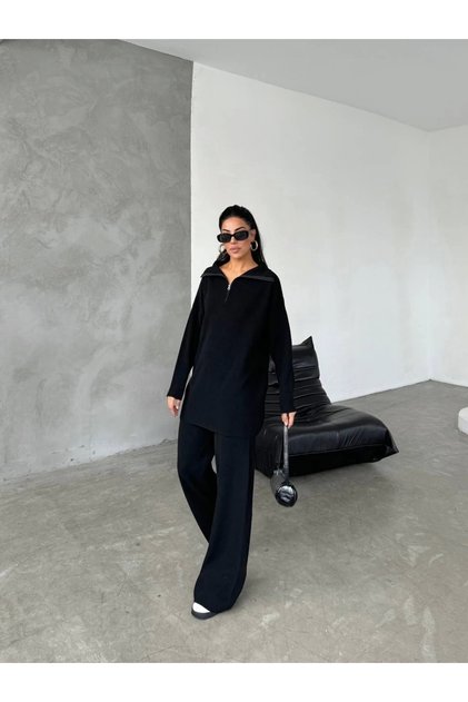 Women's Black Relaxed Fit Zippered Oversize Bottom and Top Double Knitwear Set