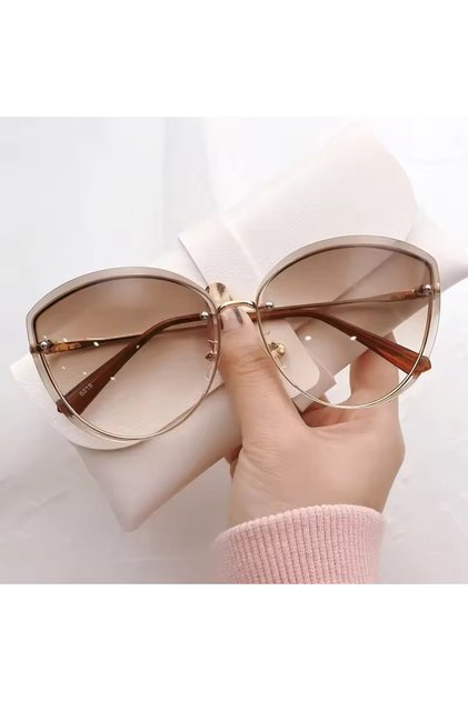 Ochelari de soare damă cat eye oversize, lentile maro degradé, ramă aurie metal, UV400, SG128