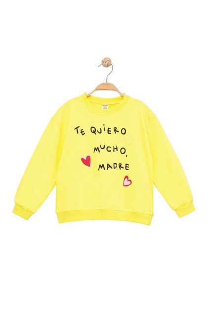 Girl's Heart Sweatshirt with Text Printed Long Sleeve Yellow Sweatshirt