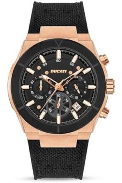 DT004 Men's Chronograph Watch with Rose Gold Accents, Black Textured Dial, Leather Strap, Wat