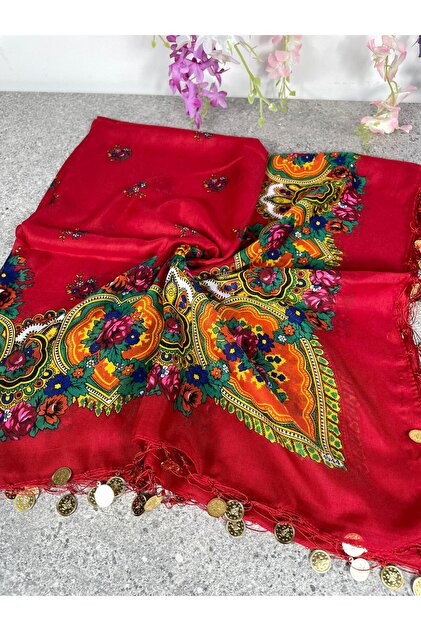 Mardin Yazması Red Floral Patterned Sequined Headscarf – 100X100 cm