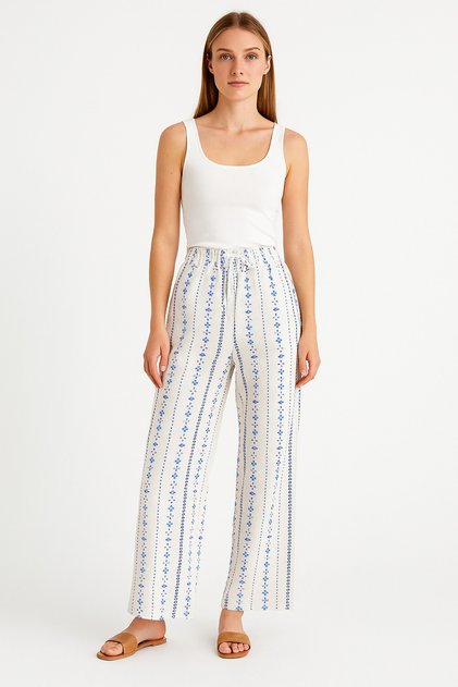 Women's Blue Patterned Belted Elastic Waist Relaxed Fit Palazzo Linen Trousers