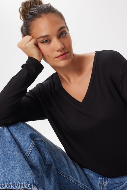 V-Neck Viscose Blouse Len0032 Black