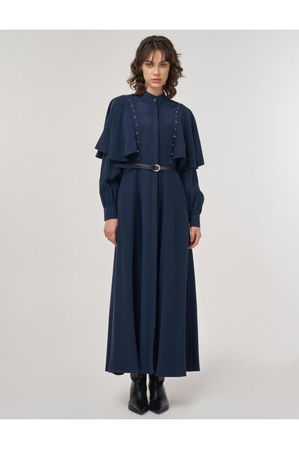 Belt Detailed Maxi Rayon Dress Dark Navy Blue