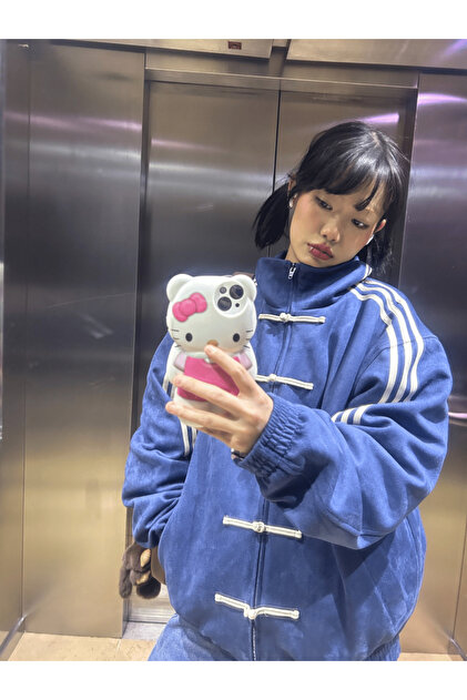 Gofeel Y2k Üç Çizgili Lacivert Vintage Oversize Unisex Ceket (3