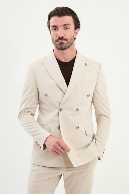 Straight Slim Fit Wide Collar Double Breasted Men's Suit Beige - 45392.25Y