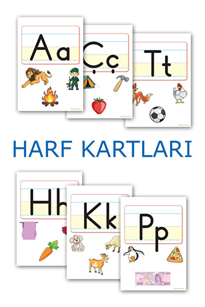 1. Sınıflar İçin Okumaya Yardımcı Resimli Harf Kartları 29 Adet - 170 gr Kuşe Kağıt