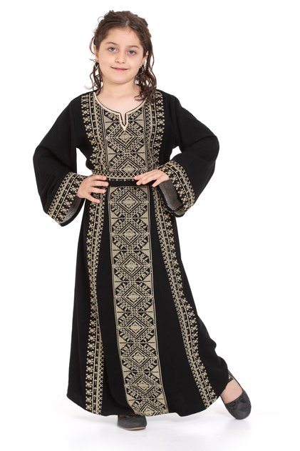 Hijab Dress Children's Palestinian Traditional Embroidered Girl's Dress Gold