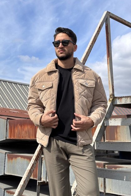Shirt Collar, Oversized, Double Pocket Flap, Diamond Patterned Quilted Jacket 2504