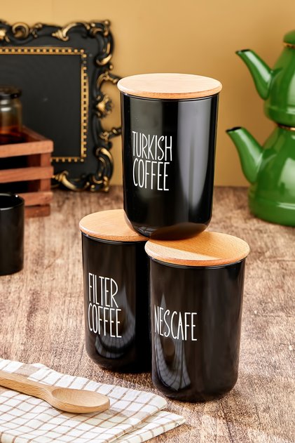 3'lü Ahşap Vakum Kapaklı Transfer Etiketli Turkıshcoffe/Filtercoffe/Nescoffe Plastik Kavanoz 900ml