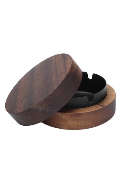 Scrumiera din lemn cu capac si interior din otel inoxidabil, design modern, 10.4x4.5cm, neagra