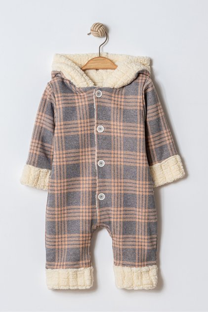 Winter Sweet Plaid Hooded Buttoned Baby Jumpsuit with Plush Inside