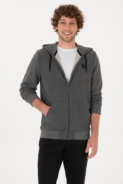 Men's Regular Fit Zippered Hooded Anthracite Melange Knitted Cardigan 50313748-Vr081