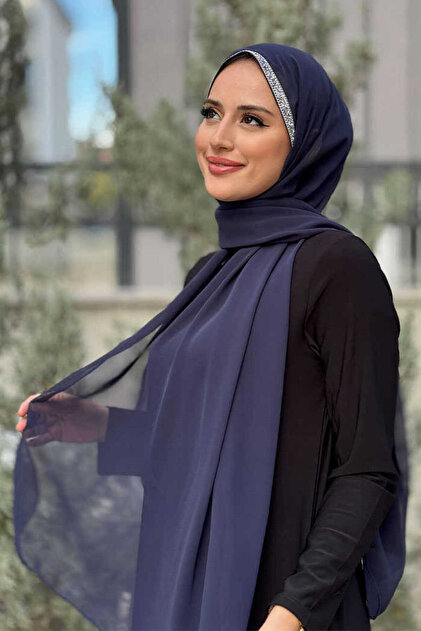 Bym Fashion Taş Detaylı Şifon Şal 2026 Lacivert - Fiyatı, Yorumları