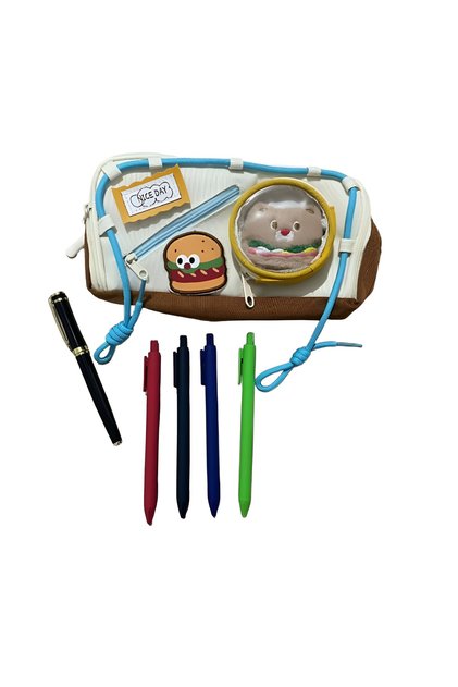 Penar echipat pentru scoala, fete/baieti, poliester, cu 4 pixuri si stilou, 2 compartimente, accesorii detasabile, 23x11x7 cm, multicolor