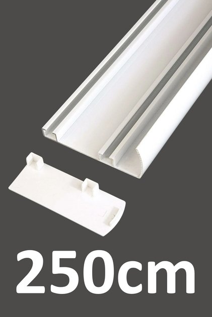 Plastik Kapaklı Alınlıklı 250cm Beyaz İki Kanallı Alüminyum Perde Rayı (35mm) İkili Korniş