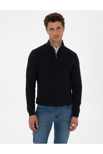 Lacivert Slim Fit Dik Yaka Fermuarlı Triko Kazak 50315732-VR033