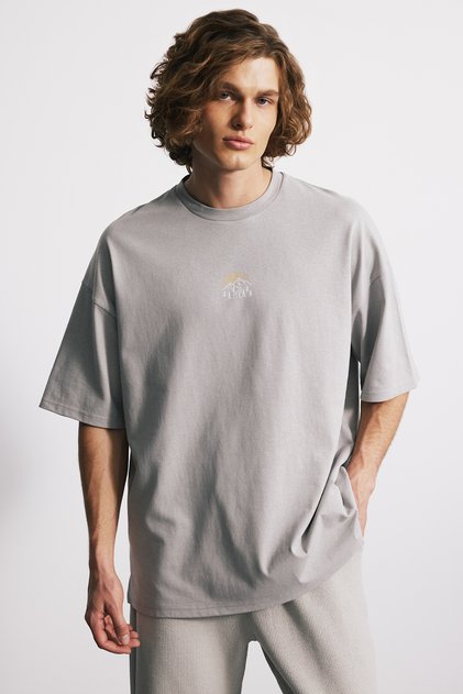 Oversize Heavy Jersey Embroidered T-Shirt – Granite Gray – 100% Cotton