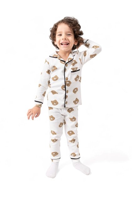 Boys 0-6 Years Old Teddy Bear Printed, Double Breasted Collar Seasonal Buttoned Nightgown Pajama Set